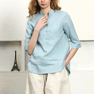 Camisa feminina 100% linho Camisa de linho com decote em V Blusa de manga curta solta Top de linho casual macio Roupas plus size Roupas personalizadas feitas à mão F115