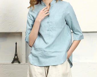 Women's 100% Linen shirt Linen V-neck shirt Short Sleeve blouse loose soft casual linen top Plus Size clothing Handmade custom clothing F115