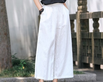 Women's pants with pockets linen pants loose yoga pants pure linen clothing wide-leg trousers high waist pants custom casual pants N05