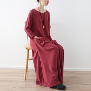 Vestido suelto de mujer, vestido de algodón con bolsillos, vestido minimalista, vestido de otoño, maxi vestidos para mujer, ropa personalizada hecha a mano, vestido de lino, F462