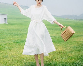 Women‘s dress with belt linen dress custom dress long sleeves dress pure linen dress retro dress  plus size clothing loose linen dress F279