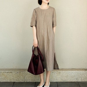 Vestido de lino con bolsillos para mujer, talla grande, estilo bohemio, vintage, suave, largo, F28