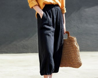 Linen pants soft casual elastic waist pants linen trousers with pockets plus size clothing custom pants loose clothing women pants N05-1
