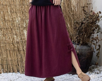Spódnica bawełniano-lniana damska wiosenno-letnia elastyczna spódnica w pasie z kieszeniami długa spódnica zapinana na guziki dla kobiet niestandardowa boho luźna swobodna spódnica C05