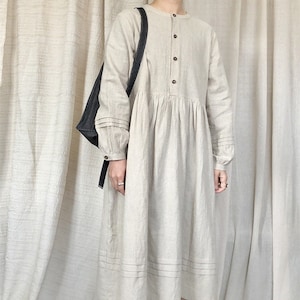 Women&#39;s linen dress 100% linen clothing linen midi dress Long Sleeves dress Oversized fall dress gift for her loose soft casual dress F185