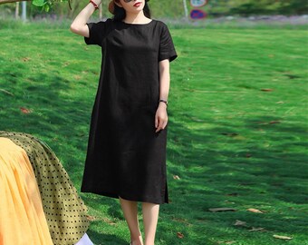 Women linen dresses loose short sleeves linen tunic dress summer casual custom oversized shift dress linen midi dress plus size clothing B14