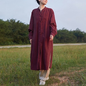 Linen cardigan women cotton loose coat trench coat robe cotton dress with pockets women‘s clothing plus size dress fall cardigan dress F133