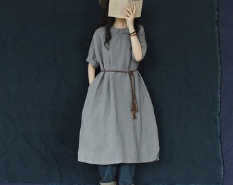 Women's linen dress short sleeves midi tunic shirt dress robes plus size clothing linen maxi dress with pockets loose midi dress boho F20
