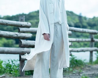 Women linen clothing, linen cardigan, linen coat, long linen coat, spring summer maxi dress loose casual tunic robes plus size clothing F229
