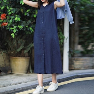 Vestido de mujer vestido de lino sin mangas de verano Vestido suelto Vestido de cuello en V de lino para mujer ropa de lino de talla grande vestido de tanque de lino midi F139
