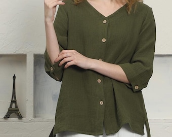 Top da donna in cotone e lino, tunica in lino con scollo a V, camicetta casual ampia, cardigan oversize in lino, cappotto taglie forti, abbigliamento boho F340-h