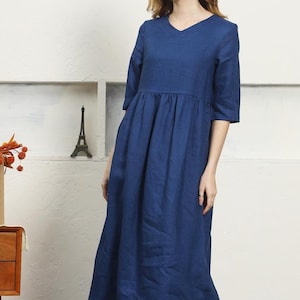 Women’s linen dress with pockets High Waist Dress V Neck pure linen long dress Pleat Dress Linen casual  boho dress plus size clothing F125