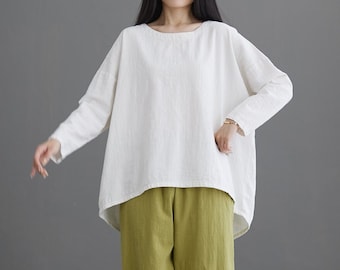 Women's linen tops oversized shirt soft blouses cotton long sleeves crop top handmade custom loose tunic top plus size linen clothing N342