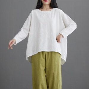 Blusas de lino para mujer, camisas de gran tamaño, blusas suaves, top corto de manga larga, túnica suelta personalizada hecha a mano, ropa de lino de talla grande N342