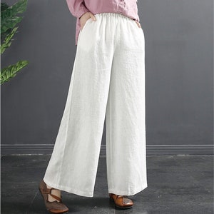 Women's wide leg pants,linen trousers,linen summer pants,Elastic waistband with pockets,100%linen vintage pants,handmade custom pants,B233
