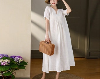 Women's dress casual custom linen maxi dress linen clothing v-neck dress vintage short sleeves midi dress pleated dress with pockets F117