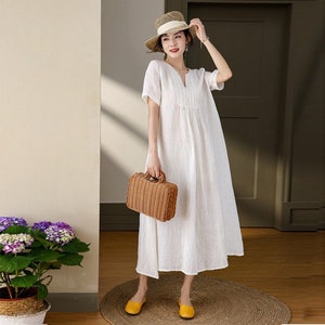 Women's dress casual custom linen maxi dress linen clothing v-neck dress vintage short sleeves midi dress pleated dress with pockets F117