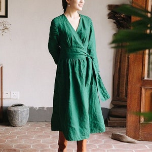 Women&#39;s dresses casual linen wrap dress long sleeve with pockets linen dress with belt plus size clothing linen maxi dress Gift for her F45