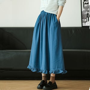 Women Linen Cotton Skirts, Fall Spring Comfy Maxi Skirts, A-line Pleated Elastic Waist Skirt, Flared Boho  Plus Size Customized Skirt F538