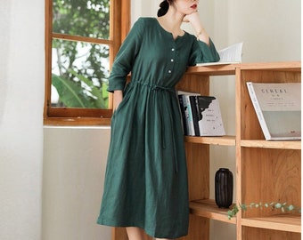 Linen dresses for women tunic dress custom shirt dress women‘s clothing 100% linen dress elastic waist dress button dress with belt F171