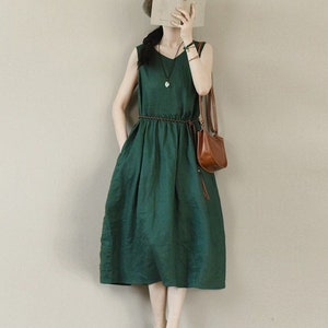 Vestido de lino para mujer, sin mangas, vestido de lino puro, ropa de lino suelta, verano, primavera, informal, talla grande, vestido sin mangas a media pierna, vestido largo de lino suave A03