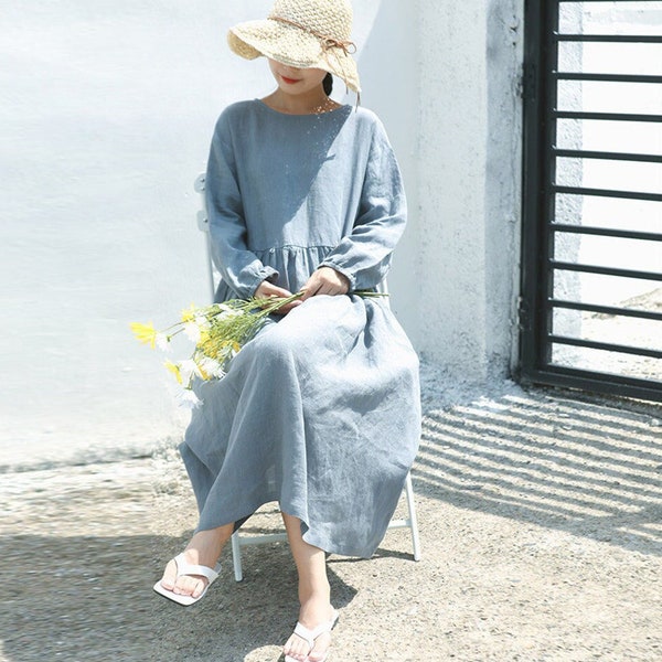 Women linen dresses, long sleeves tunic dress, loose fitting linen maxi dress, casual custom spring oversized dress, plus size clothing F93