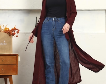 Women Cotton Linen Cardigan Loose Jacket Long Sleeve Coat Robe Boho Linen Trench Maxi Coat Cardigan Handmade Plus Size Clothing F173