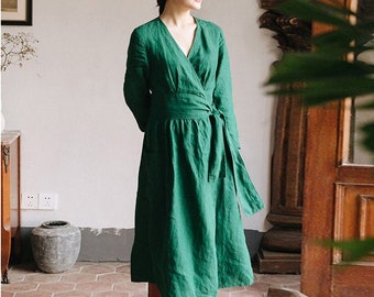 Women's dresses casual linen wrap dress long sleeve with pockets linen dress with belt plus size clothing linen maxi dress Gift for her F45