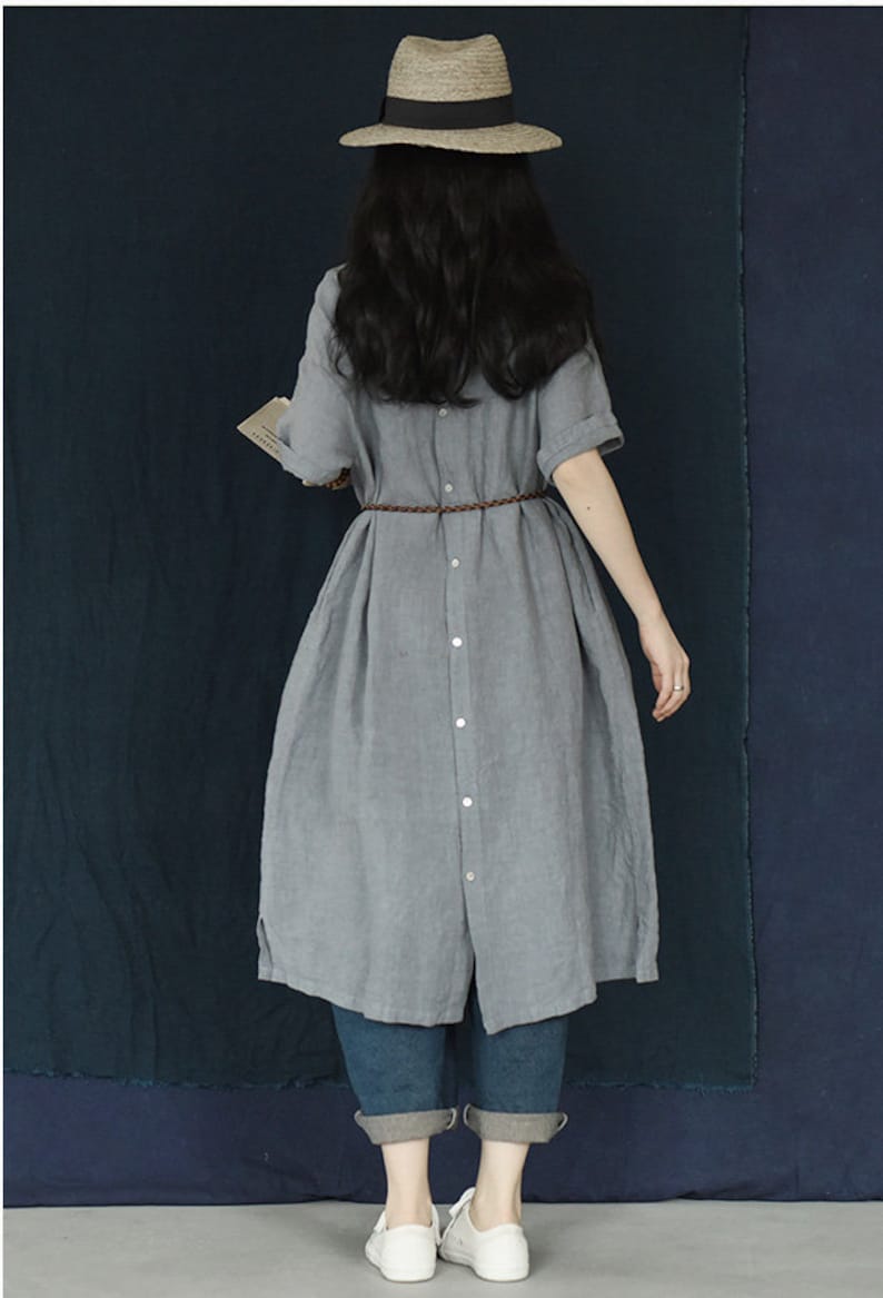 Women's linen dress, Linen home wear, short sleeves long dress, plus size clothing, linen maxi dress with pockets, Loose midi dress boho F20 image 8