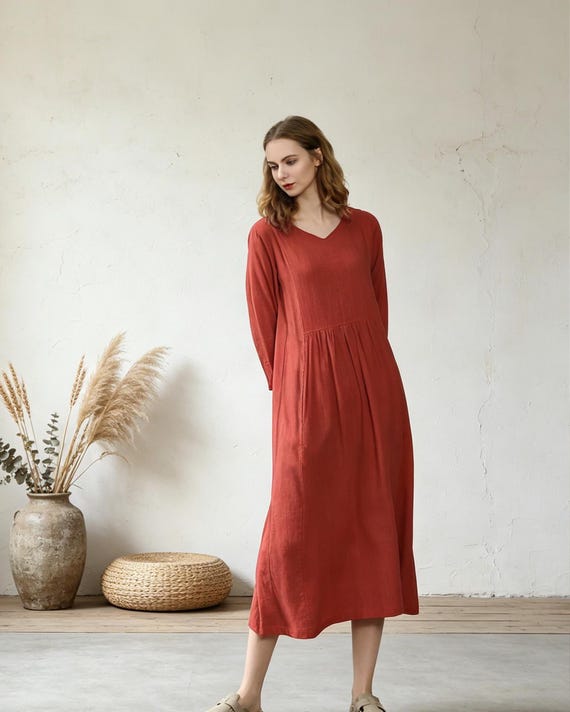 cotton casual midi dress for women Women's Linen Empire Waist Dress, 3/4 Sleeve V-neck With Back Button Detail, Plus Size Clothing A49 cute casual dresses grwm💍🤍, dress @babyboofashion , Color:819black 7017red casual style. Swatch:#181818