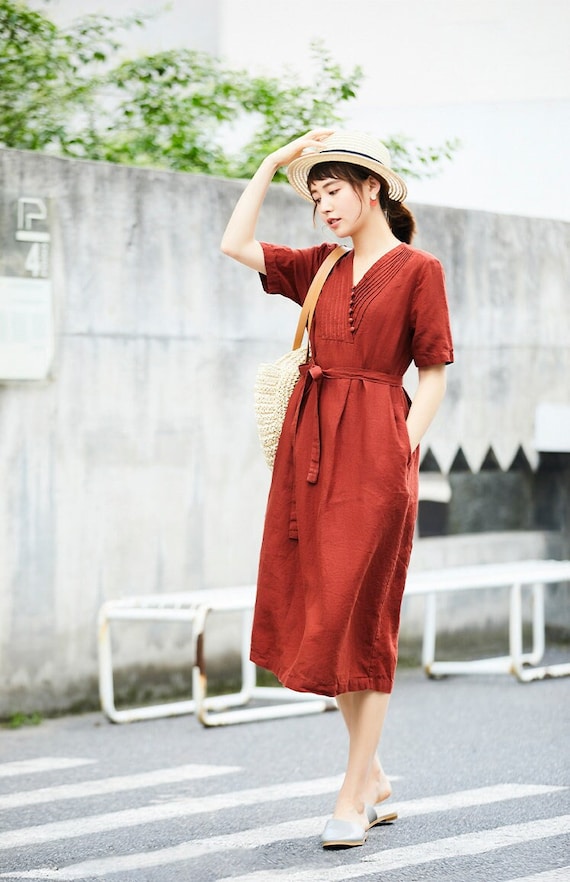 Summer Linen Dress for Women, Linen Midi Dress, Loose Casual Soft Custom Handmade Linen Tunic Shift Dress Robes, Plus Size Clothing Boho N39