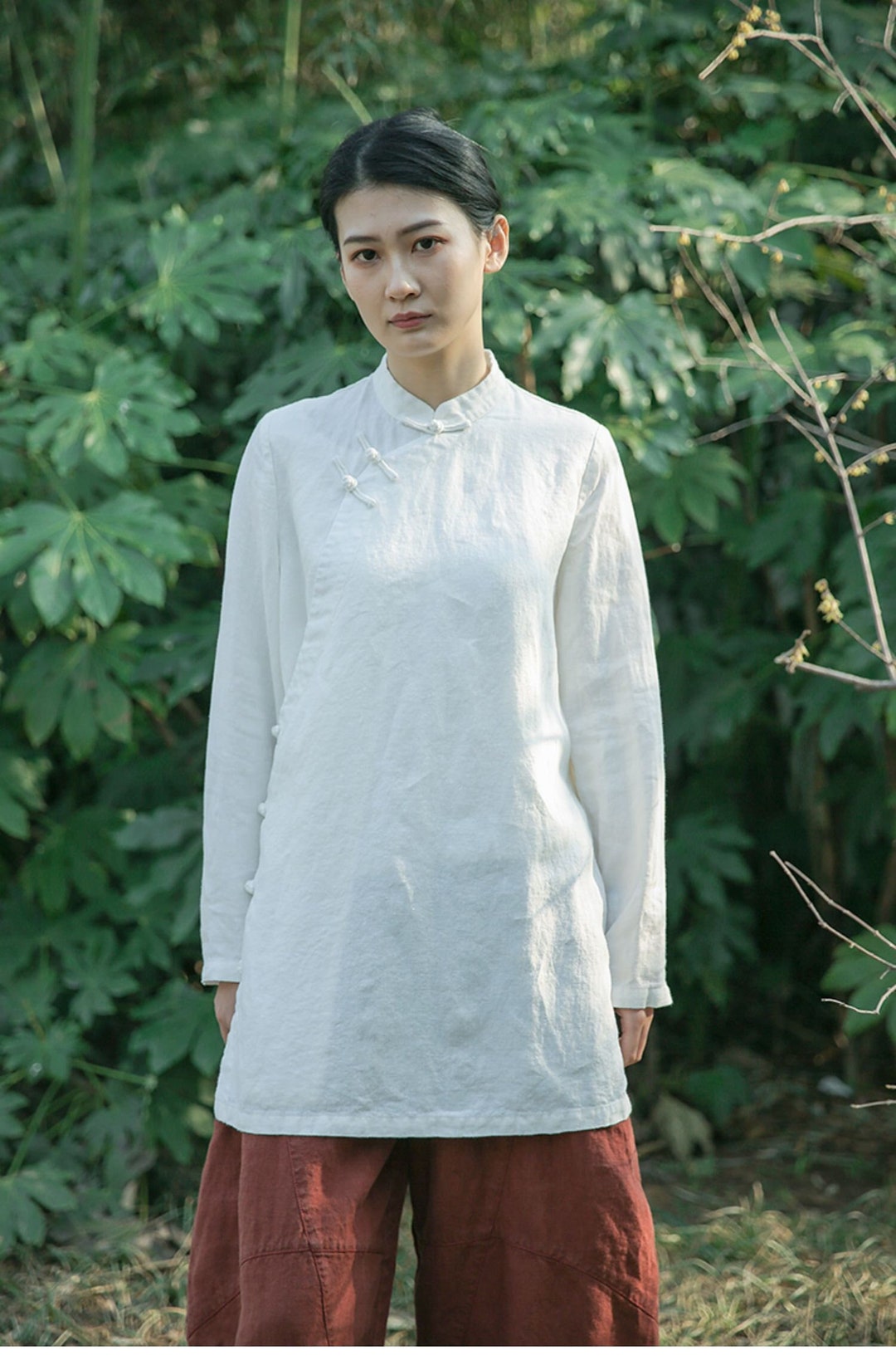 Linen Shirts for Women Summer Tunic Tops Long Sleeves Blouses Casual ...
