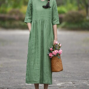 Womens Loose Dress With Pockets High Waist Dress V Neck 100% Linen Long ...