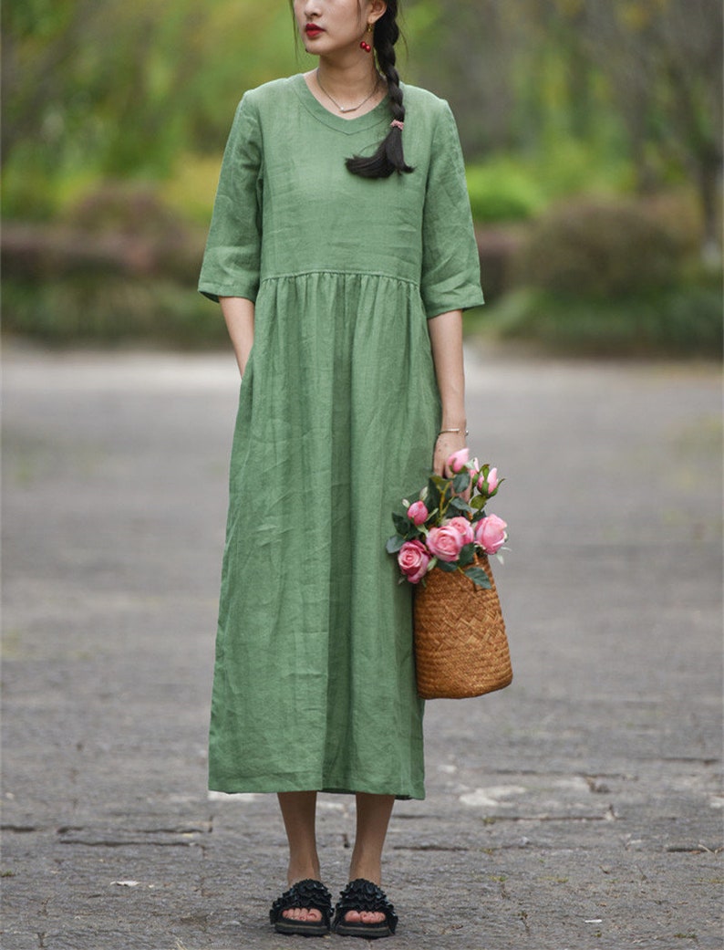 Womens loose dress with pockets High Waist Dress V Neck 100% linen long dress Pleat Dress Linen lounge wear women casual clothing boho F125 image 5