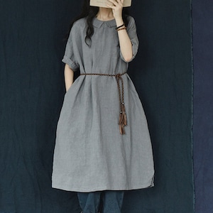 Women's linen dress, Linen home wear, short sleeves long dress, plus size clothing, linen maxi dress with pockets, Loose midi dress boho F20 image 4