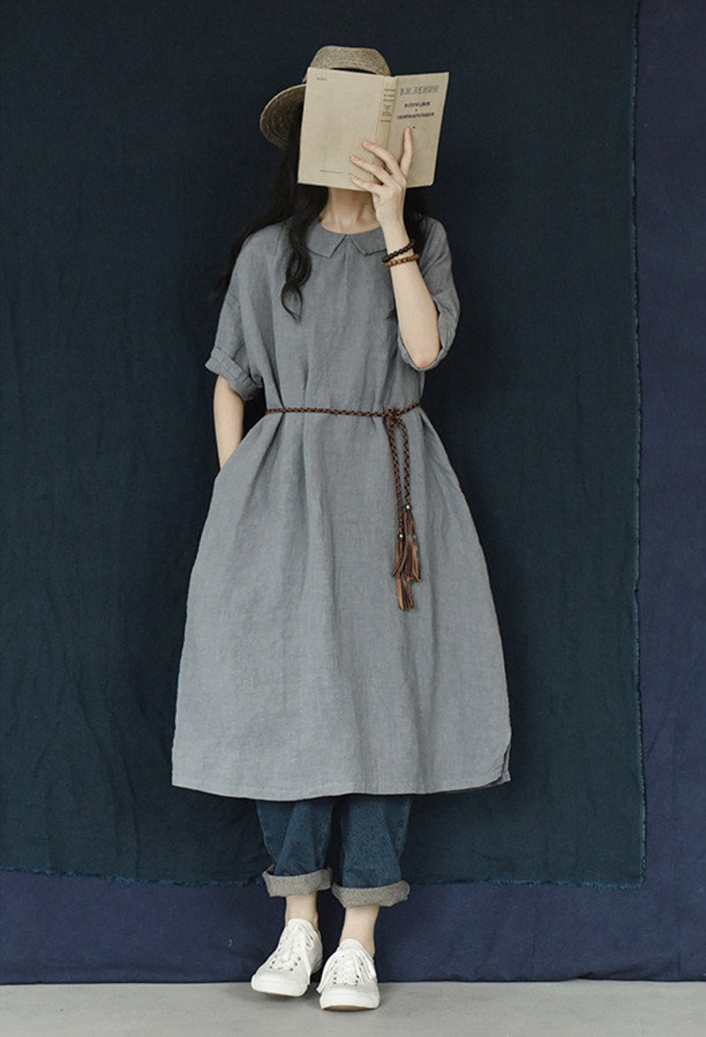 Women's linen dress, Linen home wear, short sleeves long dress, plus size clothing, linen maxi dress with pockets, Loose midi dress boho F20 image 4