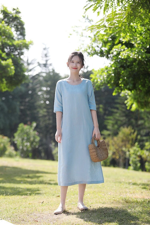 Vrouwen jurk linnen jurk midi jurk lente zomer losse zachte tuniek gewaden plus size kleding puur linnen kleding handgemaakte aangepaste jurk X35 3 Etsy Nederland
