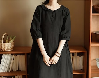 Women's linen dress linen home wear,half sleeves linen shirt dress,plus size clothing,plus size boho linen midi tunic dress with pocketsF430
