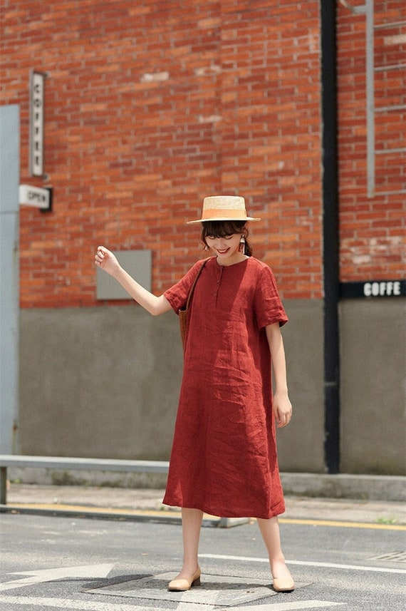 Linen Dresses for Women Linen Midi Dress Flax Clothing Loose Fit Midi Dress Linen Short Sleeves Dress with Belt Summer Dress N349