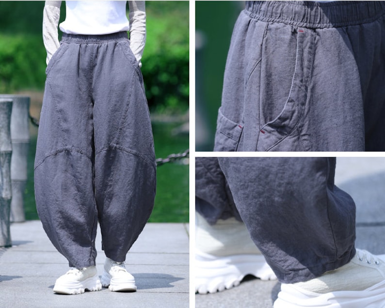 May include: Gray linen pants with a relaxed fit, featuring an elastic waistband and pockets. The pants have a unique, voluminous silhouette and are paired with white sneakers. The fabric appears soft and breathable, suitable for casual wear.