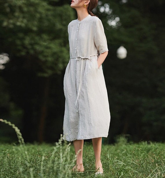 Women dress plus size linen dress short-sleeved dress Washed dress soft linen clothing Women oversize dress High Waist dress F08