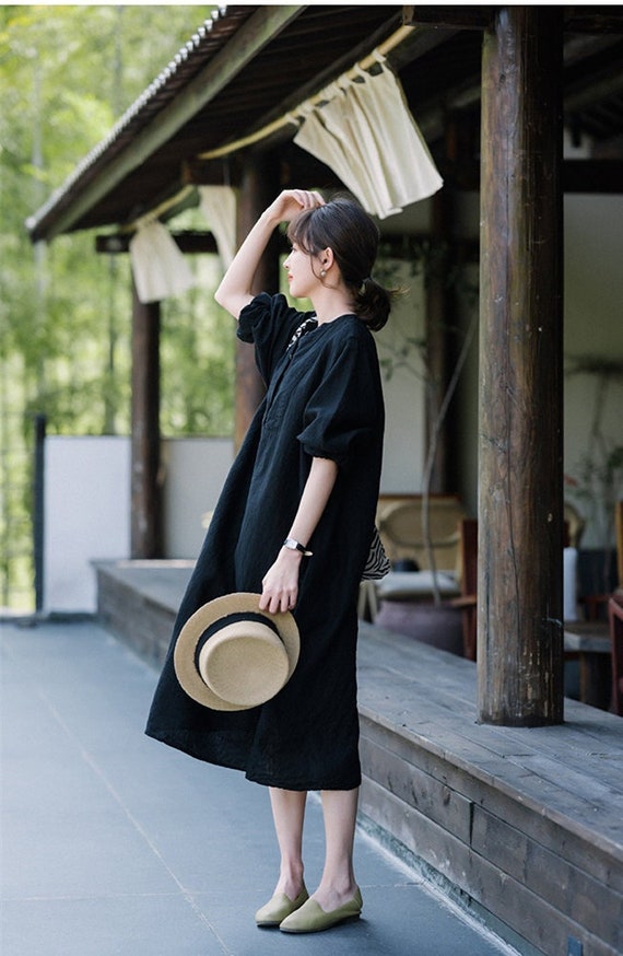 Women's linen dress linen home wear long sleeves midi dress plus size clothing linen shirt dress with pockets loose fitting dress boho F440