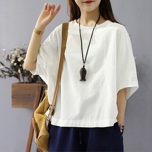 Women's linen tops linen blouse shirt half sleeves crop top handmade custom loose oversize boho summer plus size top pure linen clothing F31