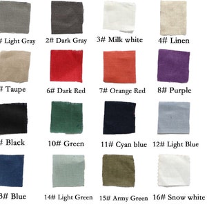 May include: A color chart featuring sixteen fabric swatches in various shades. Colors include light gray, dark gray, milk white, linen, taupe, dark red, orange red, purple, black, green, cyan blue, light blue, blue, light green, army green, and snow white.