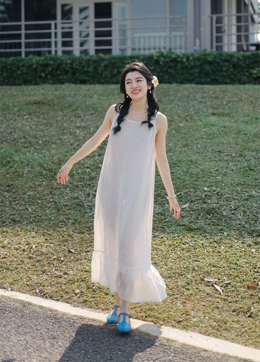 chinese dress ladies White Lace Stitching Strappy Ruched Cami Dress  AROLORA