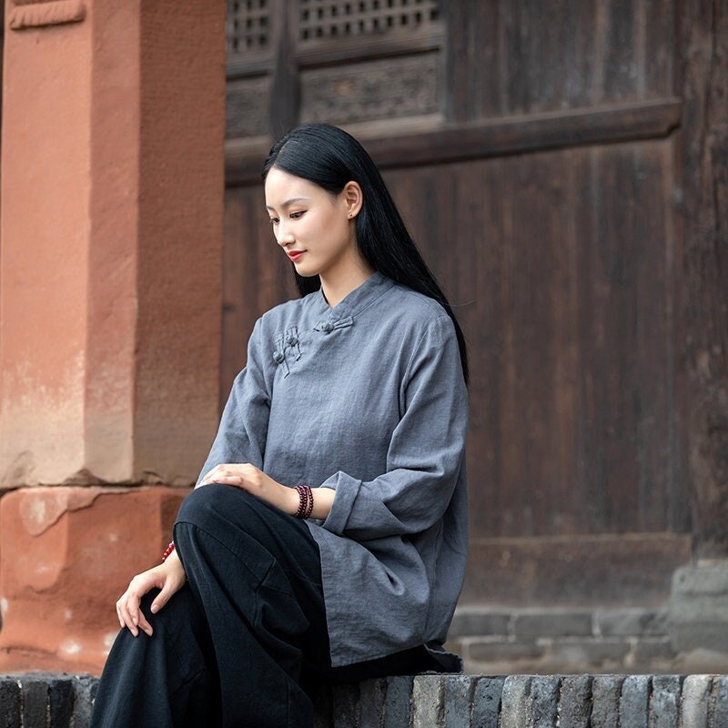Men Shirt Chinese Style Clothing Linen Long Sleeves Shirt Asian Clothes  Tang Suit Mandarin Collar Shirt Black XS : : Fashion