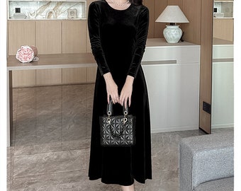 Fall Velvet Dress for Women Velvet Long Sleeves Midi Dress Black Formal  Dress Vintage 1950's Dress Bridesmaid Dresses Plus Size Dress R19