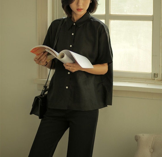 Linen tops minimalist shirt women's short sleeve shirt vintage shirt top Ladies loose casual top custom shirt plus size tops 100% linen F209