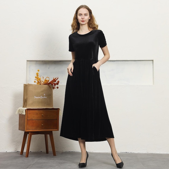 Women's Velvet Dress Short Sleeves Black Formal Dress Midi Vintage Dresses  Party Dress Fall Winter Dress Bridesmaid Large Size Dress A39