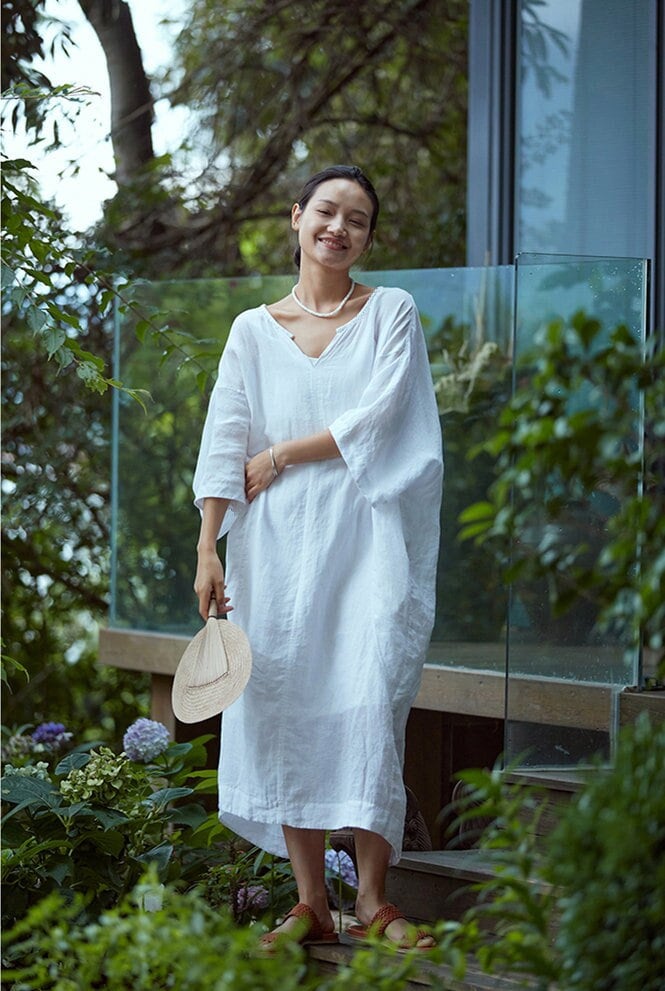 Women Linen Dress Casual Soft Oversized Kaftan Robes Dress Linen Clothing Short Sleeve Dress Plus Size Maternity Dress Pure Linen Dress F369
